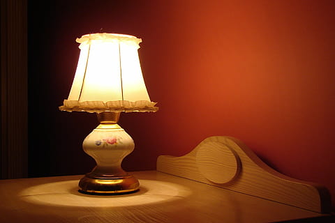 table lamp turned on, bedroom, climate, light, mood, magic HD wallpaper