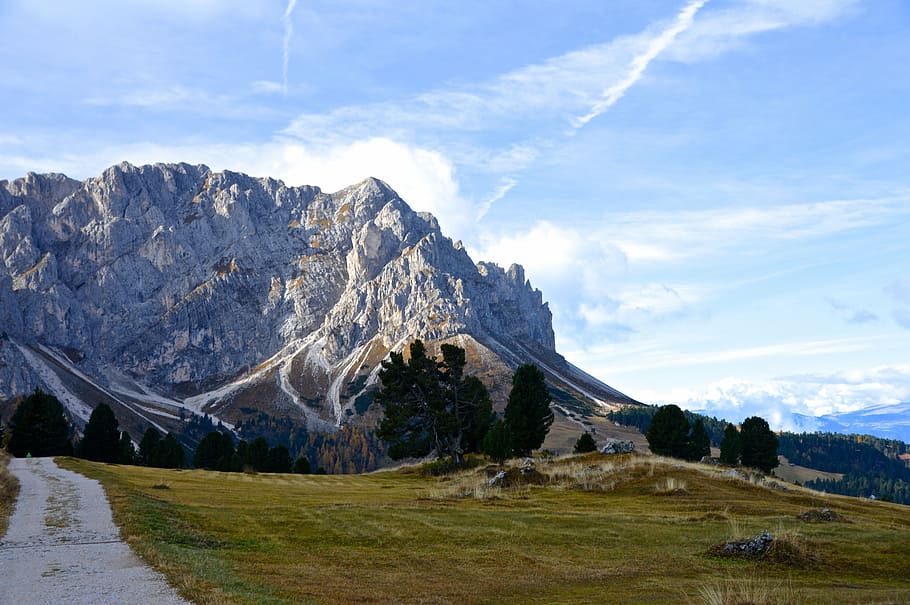 alpine, mountains, dolomites, peitlerkofel, rock, clouds, leisure, HD wallpaper