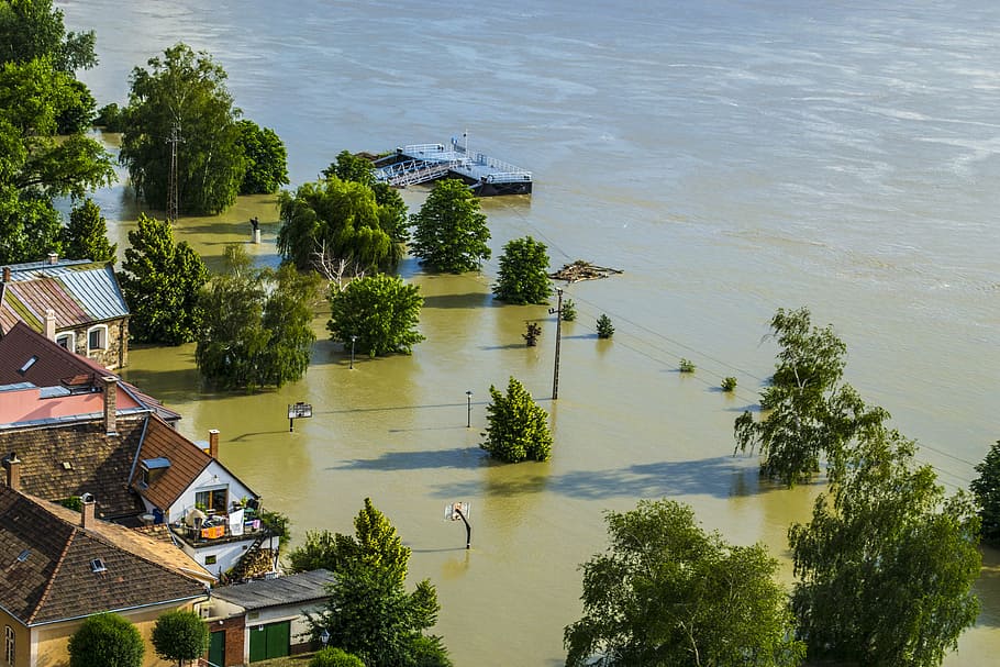 aerial view of houses and tress, flood, danube, sandbag, park, HD wallpaper
