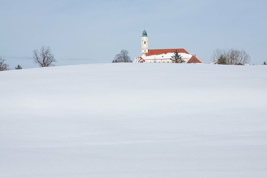 monastery, church, baroque, trees, sky, blue, snow, white, sunny HD wallpaper