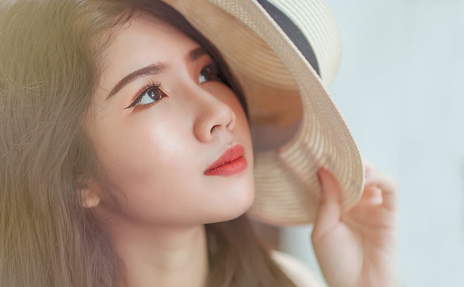 Woman Holding White Hat, adolescent, attractive, beautiful, bright