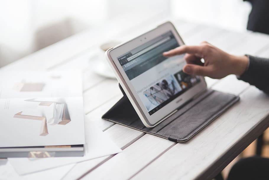 Man touching a digital tablet, computer, desk, device, electronics HD wallpaper