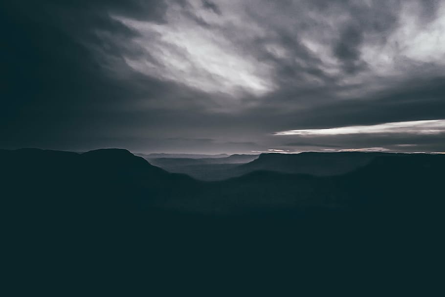 mountains under gray cloudy sky, dark, night, clouds, landscape HD wallpaper