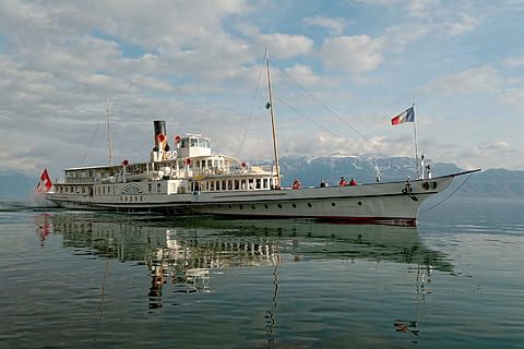 ship, boot, geneva, lake, lac, leman, water, clouds, mountains HD wallpaper