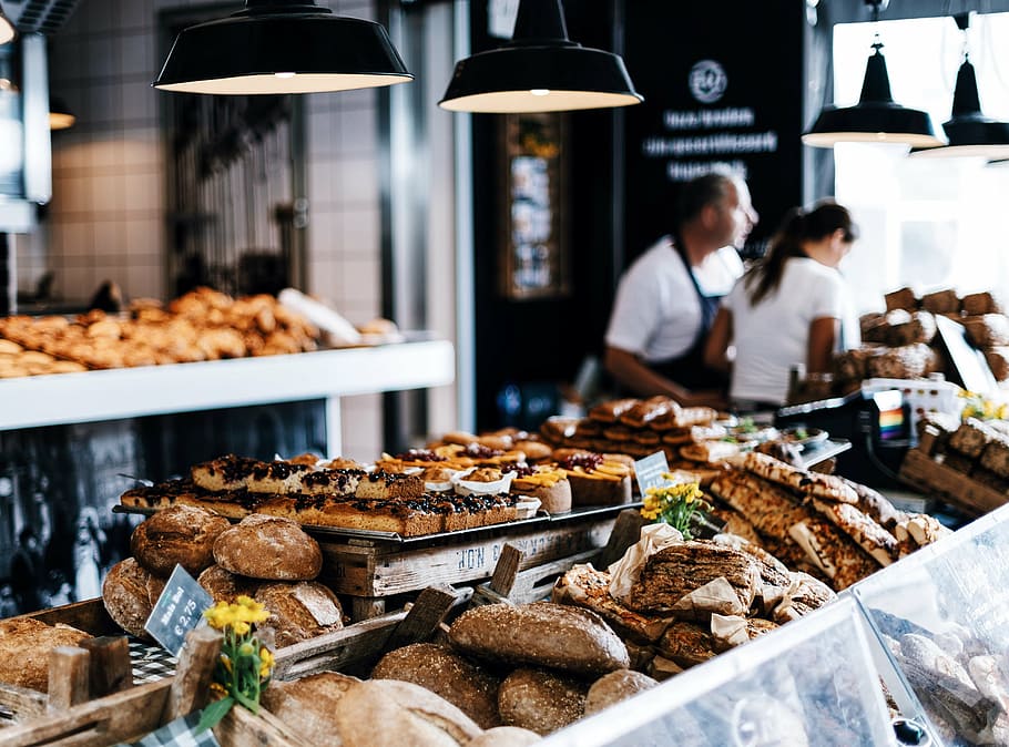 bread and pastries on table, pastry, bake, food, snack, baker HD wallpaper