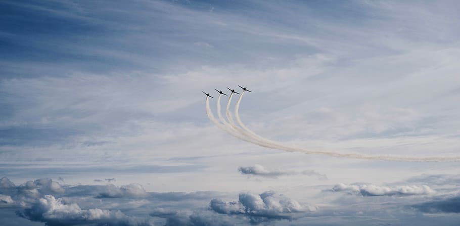 four jet contrails during daytime, high-angle photography of plane air show HD wallpaper