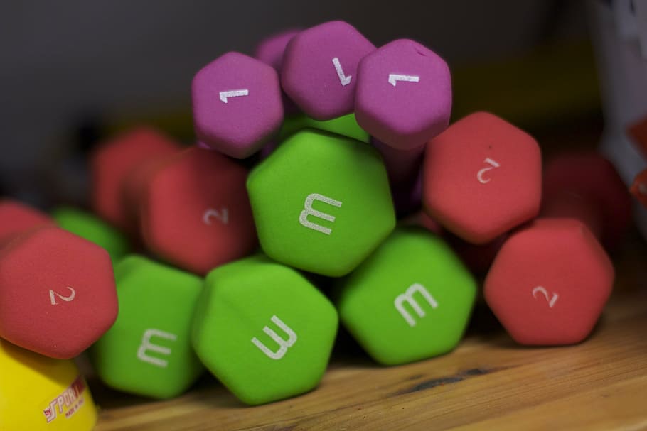 close-up photo of assorted-color dumbbells, dumb bell, weights HD wallpaper