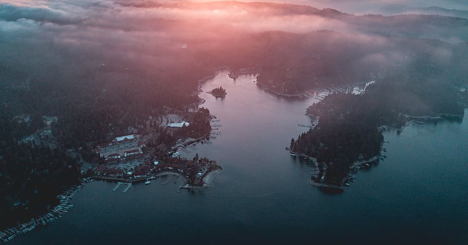aerial photography of land and sea, aerial photo of village near body of water HD wallpaper
