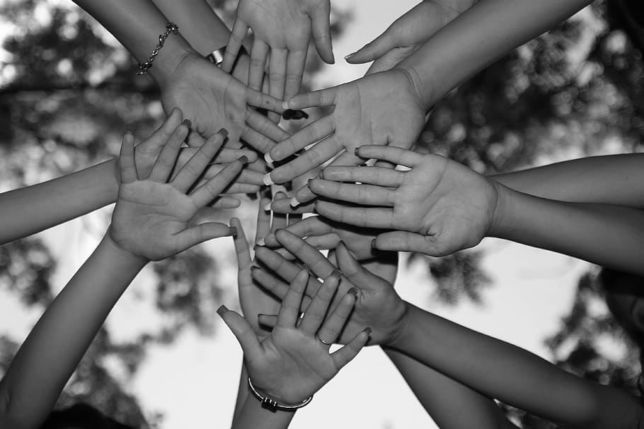 grayscale photography of people's hands, friendship, unit, together, HD wallpaper