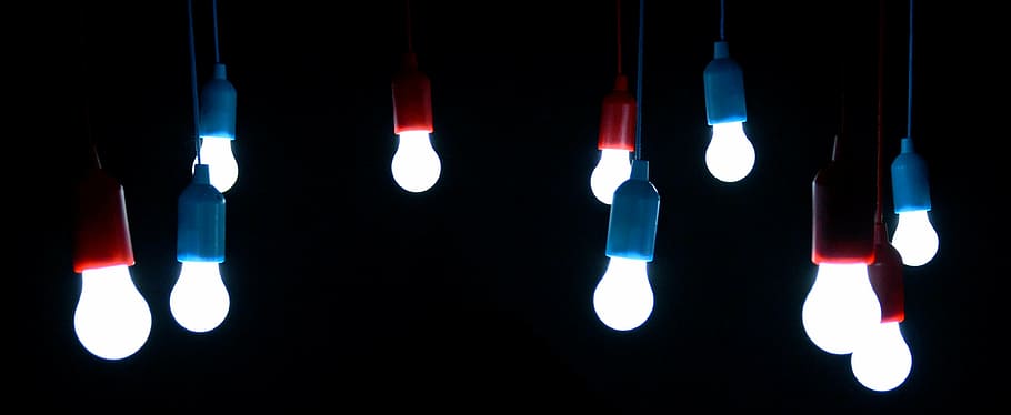 blue-and-red bulbs, light bulbs, lamps, lamp holders, pear, darkness