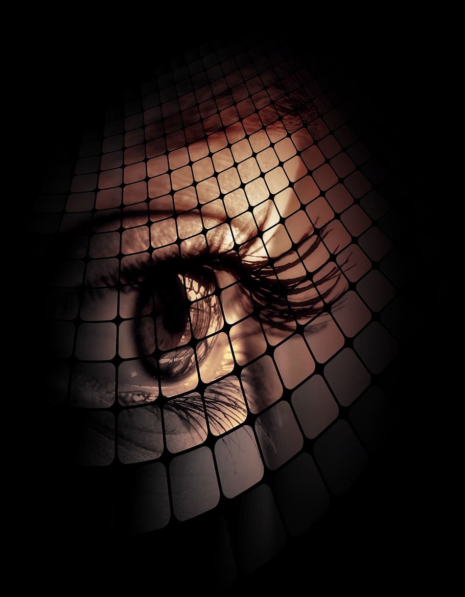 human eye illustration, woman, grid, face, digital design, digital art, HD wallpaper