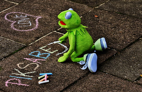 straßenkreide, typographical errors, kermit, frog, chalk, paint HD wallpaper