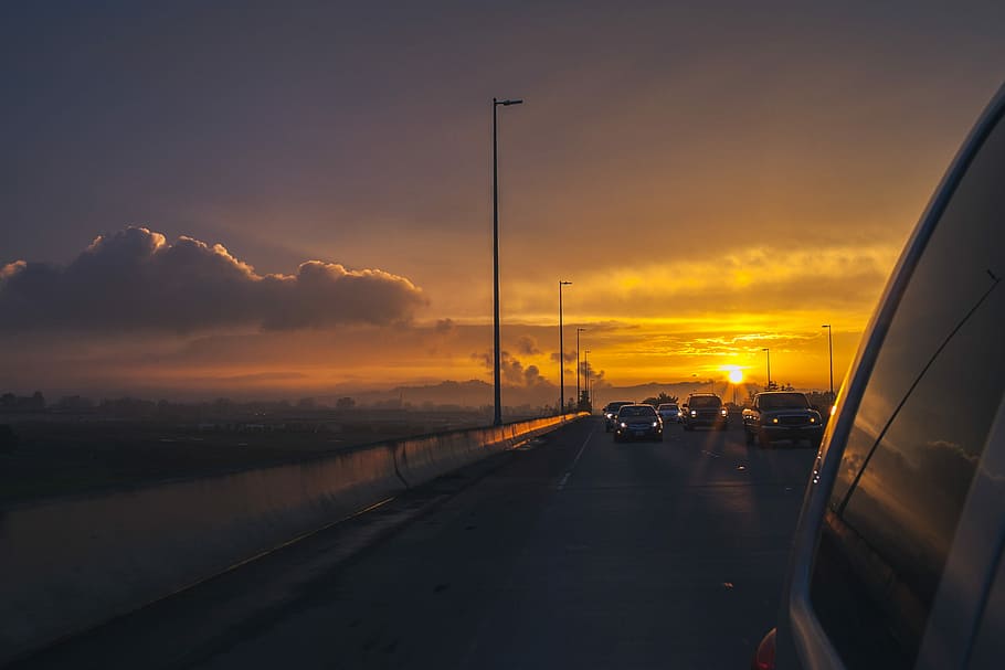 vehicle crossing on road, vehicles during sunset, car, commute HD wallpaper
