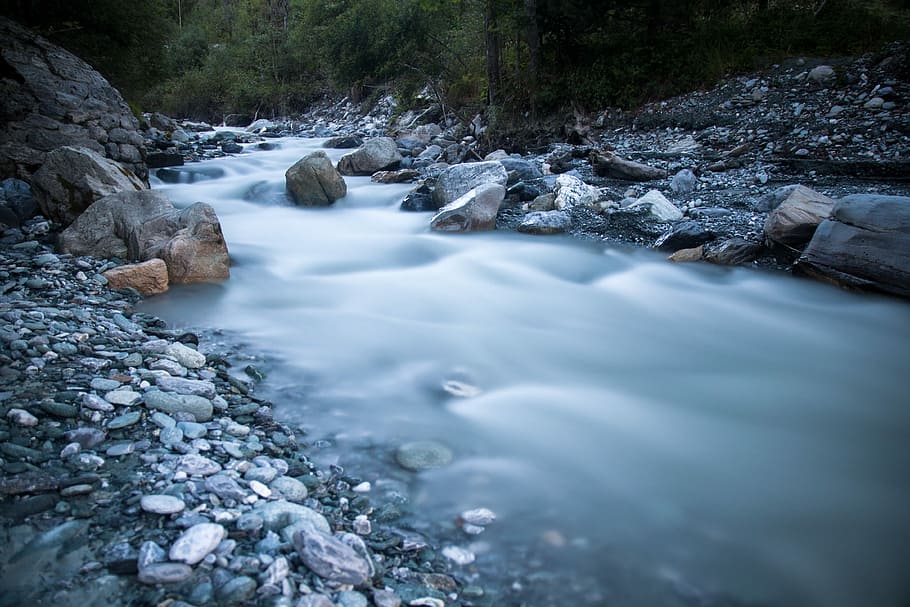 time lapse photography of stream, time lapse photography of river between stones HD wallpaper