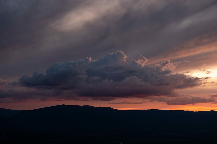 silhouette photo of mountain, silhouette of mountain under white cloud during sunset HD wallpaper