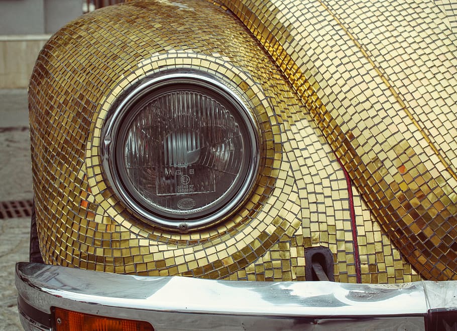 gold Volkswagen Beetle, headlights, volkswagen bag, german car, HD wallpaper