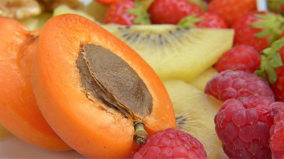sliced kiwi and tomato fruits, Apricot, Cut, Nuclear, Orange, HD wallpaper