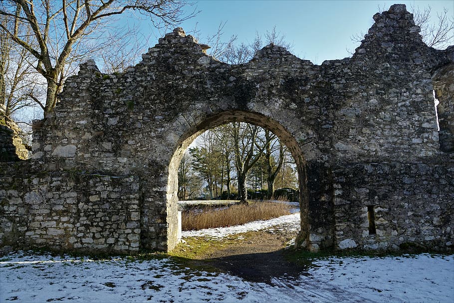 brown concrete arch gate, nature, architecture, stone, tree, winter, HD wallpaper