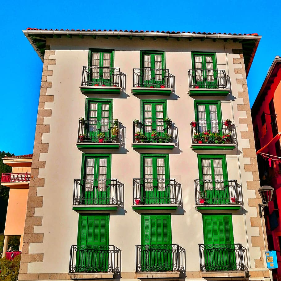 balconies, house, facade, windows, green, building exterior HD wallpaper
