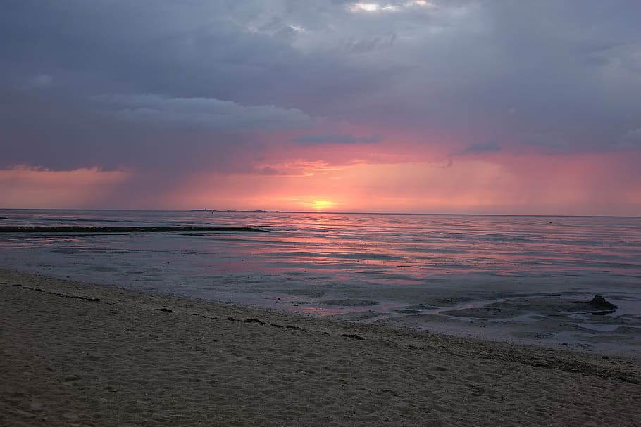 sunset, beach, sea, abendstimmung, sky, water, cloud - sky HD wallpaper