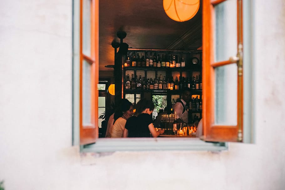 window of wine bar with people, group of person inside room, open HD wallpaper