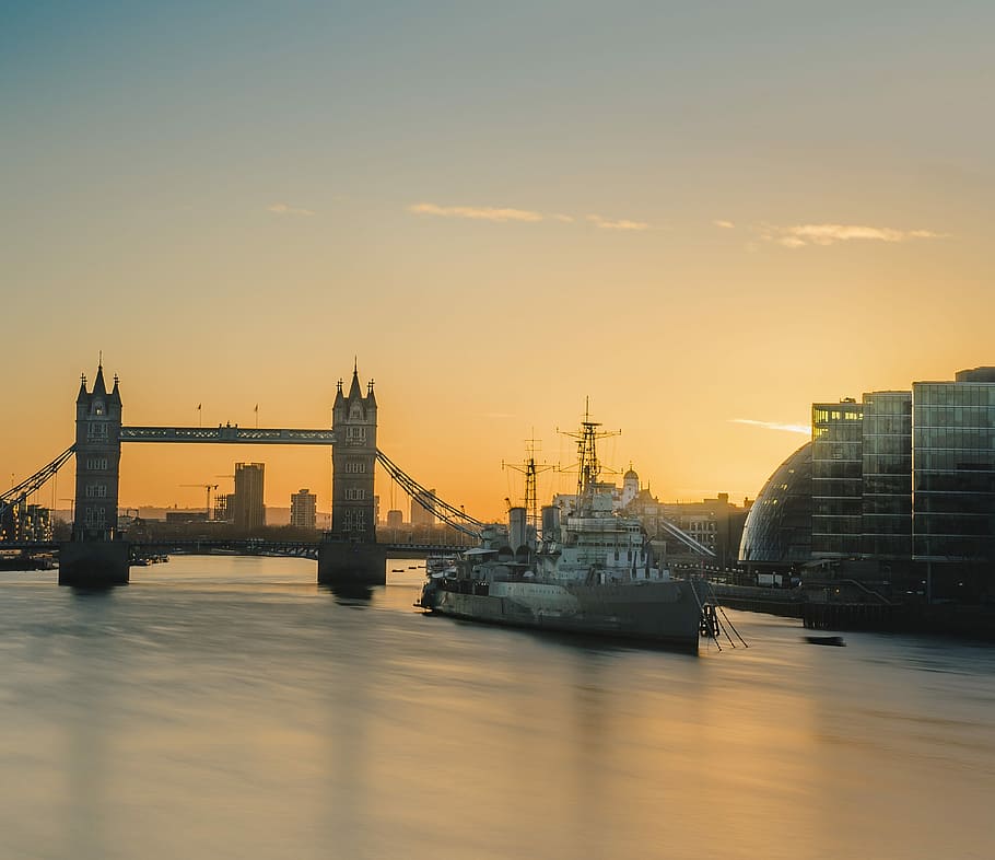 gray ship near Tower Bridge during daytime, white boat near London tower bridge at golden hour HD wallpaper