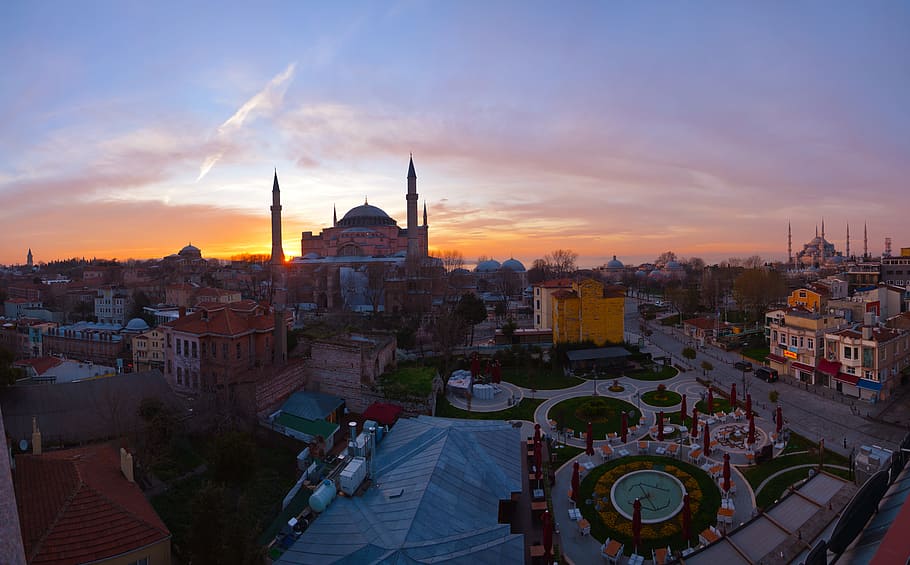 aerial photography of Hagia Sophia, cami, istanbul, turkey, sunrise, HD wallpaper