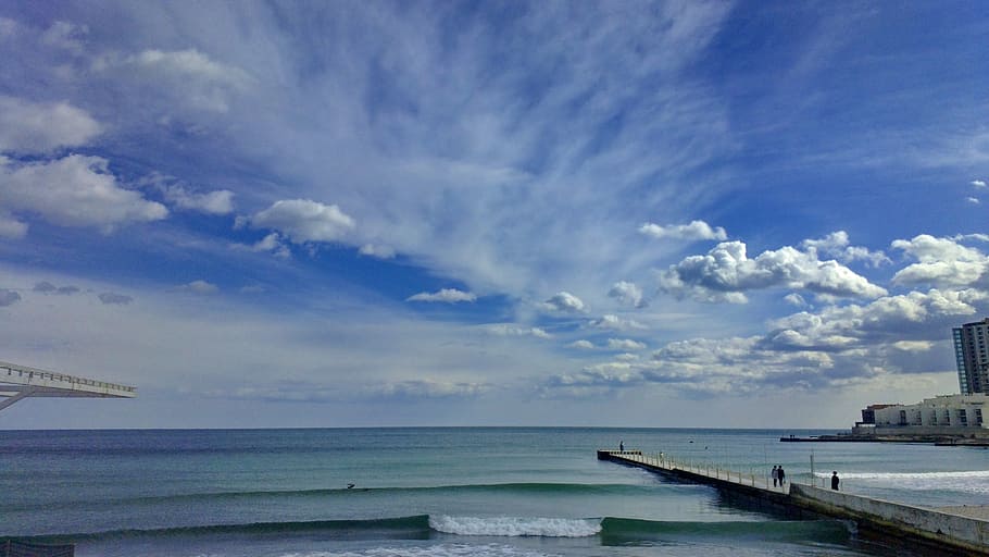 sea, beach, sky, cloud - sky, water, horizon, horizon over water HD wallpaper
