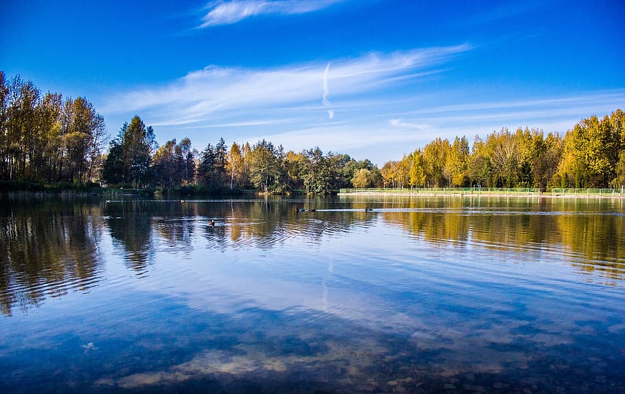 lake, trees, reflection, water, landscape, nature, sky, scenery HD wallpaper