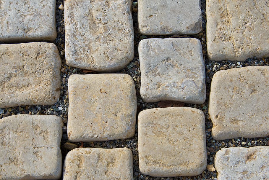 gray concrete wall, paving stones, pattern, structure, away HD wallpaper