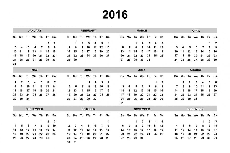 2016 calendar, year, template, date, day, month, organizer, week, HD wallpaper