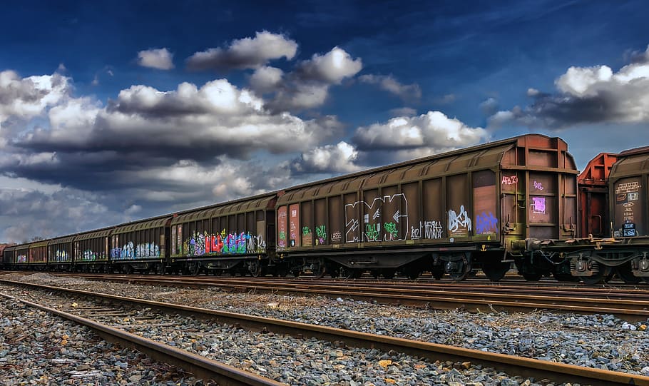 light, clouds, blue, graffiti, carriage, daylight, engine, freight cars HD wallpaper