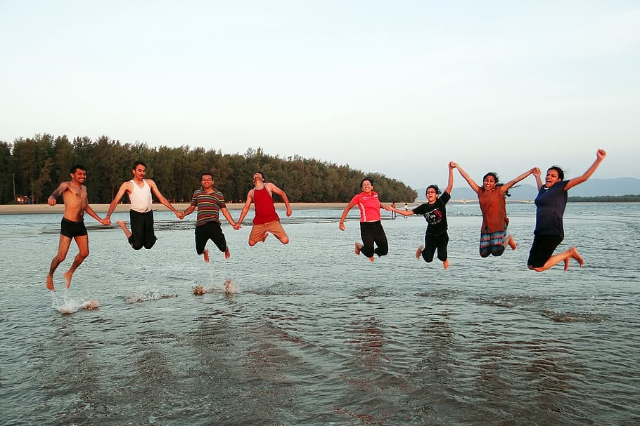 group of people jumping above body of water, happy people, beach, HD wallpaper