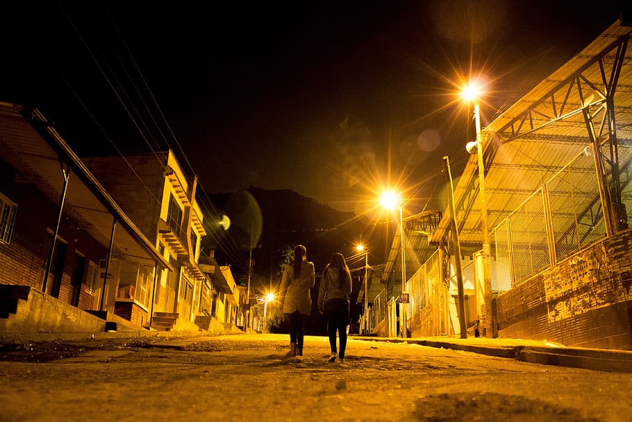night, light, soledad, darkness, illuminated, street, two people HD wallpaper