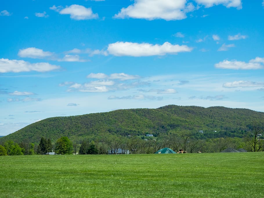 Landscape with Trees and Hills, blue sky, grass, green, Clouds HD wallpaper