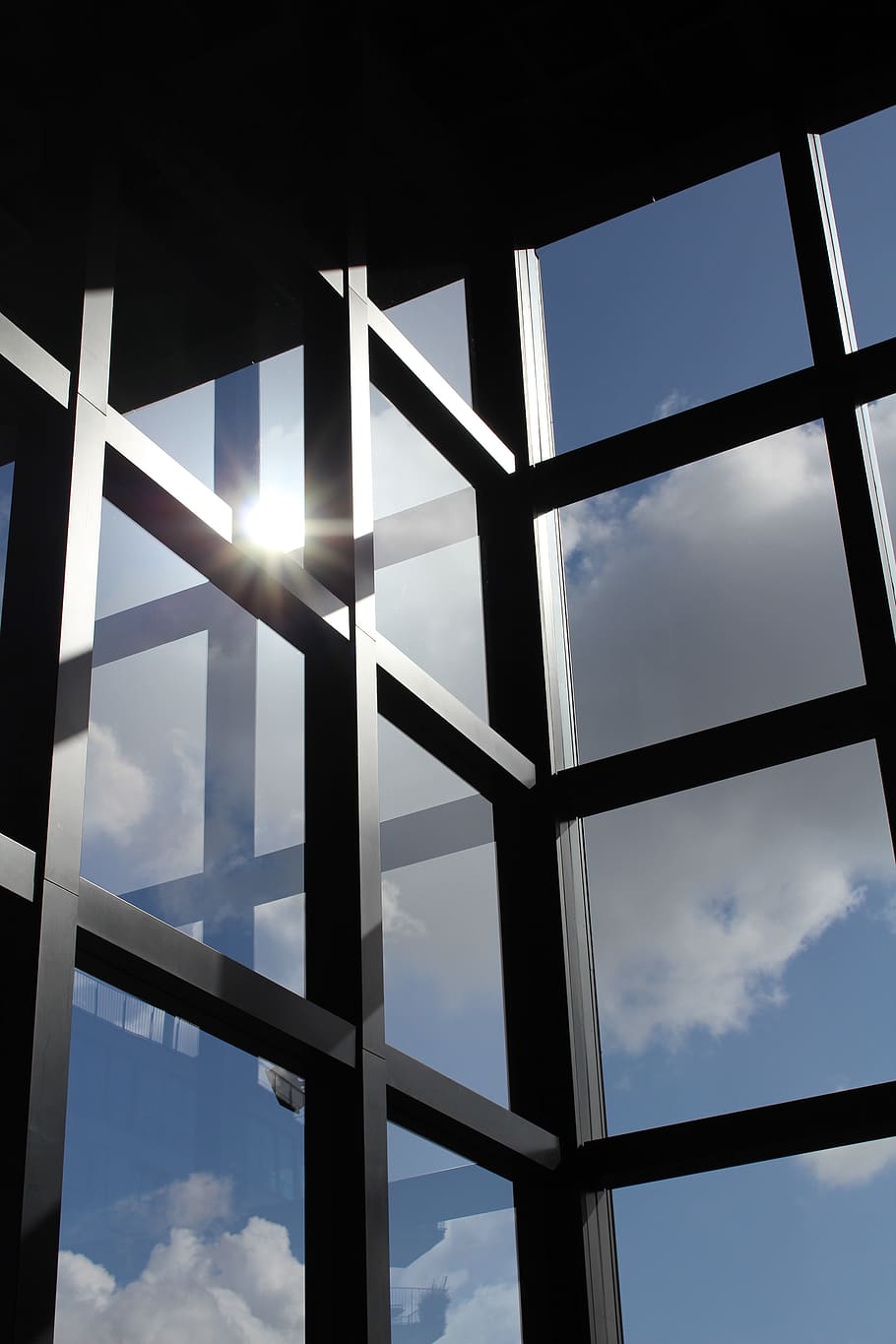 sky, clouds, windows, glass, blue, sun, chart, straight, structure HD wallpaper