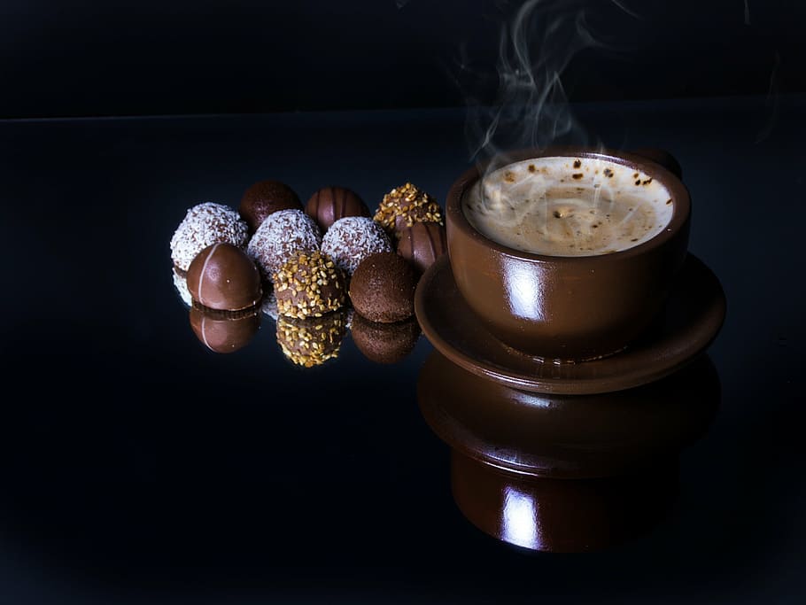 chocolates beside cup of coffee, tasty, mug, snack, break, drink