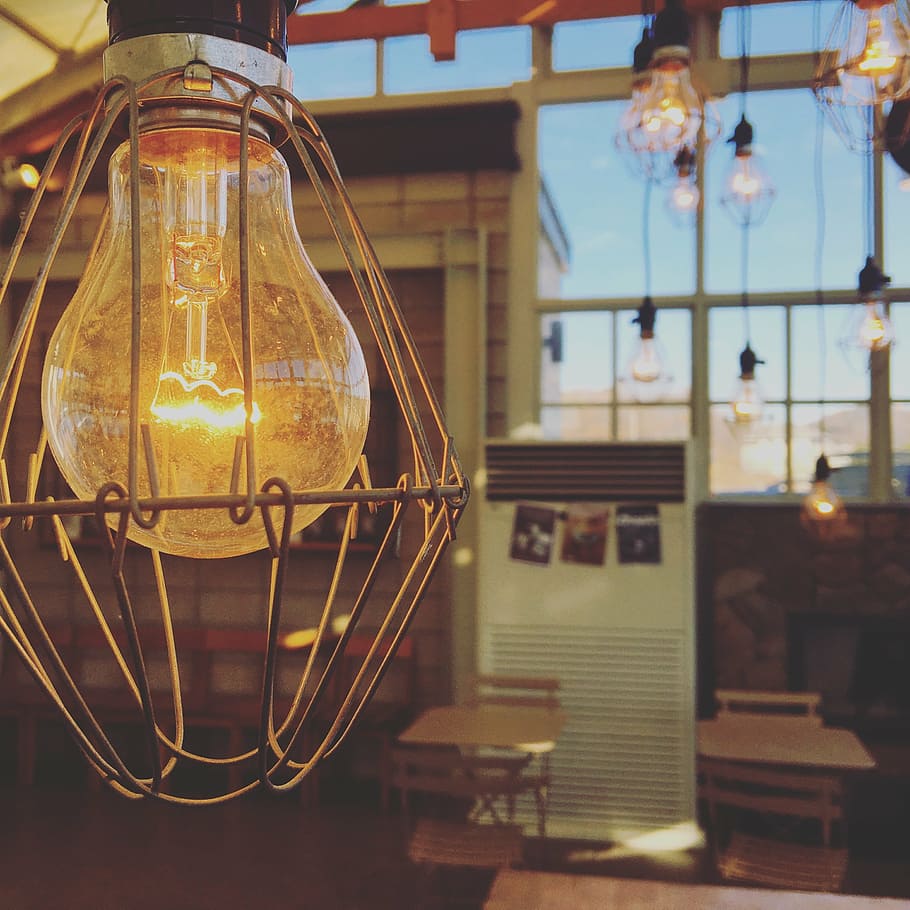 clear light bulb turned on, interior, cafe, lighting, atmosphere HD wallpaper