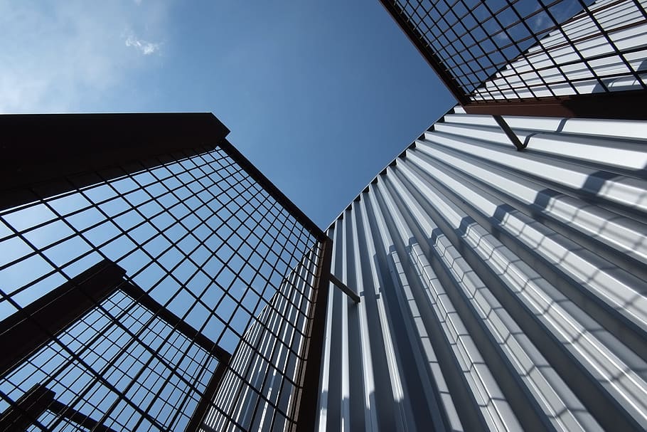 low-angle high-rise buildings, sky, windows, magnificent, pointed HD wallpaper