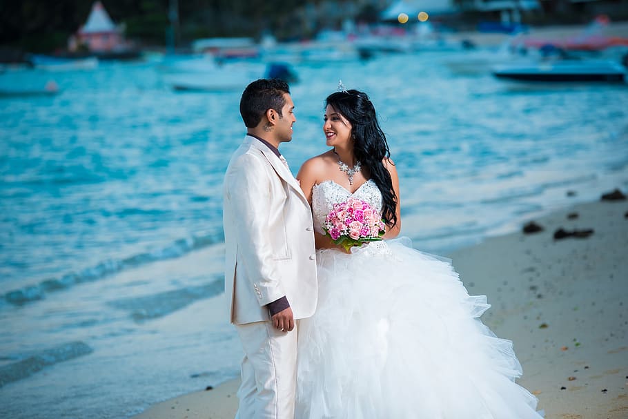 bride and groom on seashore, wedding, beach, marriage, couple HD wallpaper
