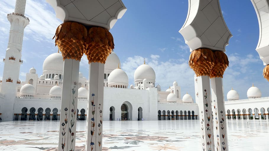 Abu Dhabi, Sheikh Zayed Mosque, islamic decoration, columns, dome, HD wallpaper