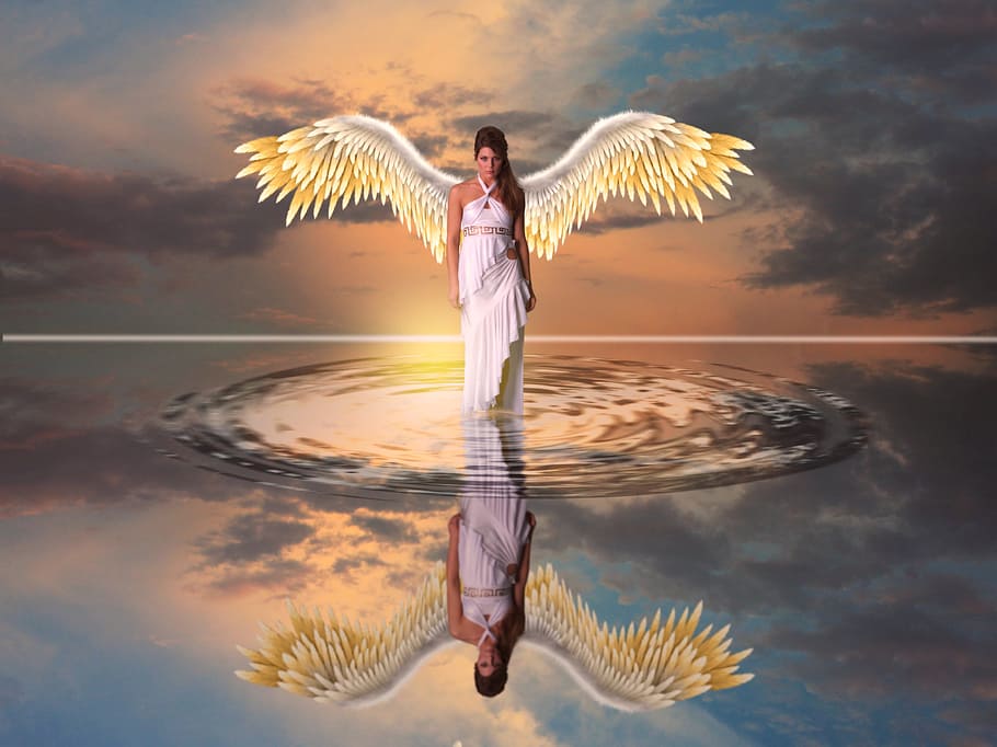 woman angel walking on water, waters, beach, ocean, nature, sun, HD wallpaper