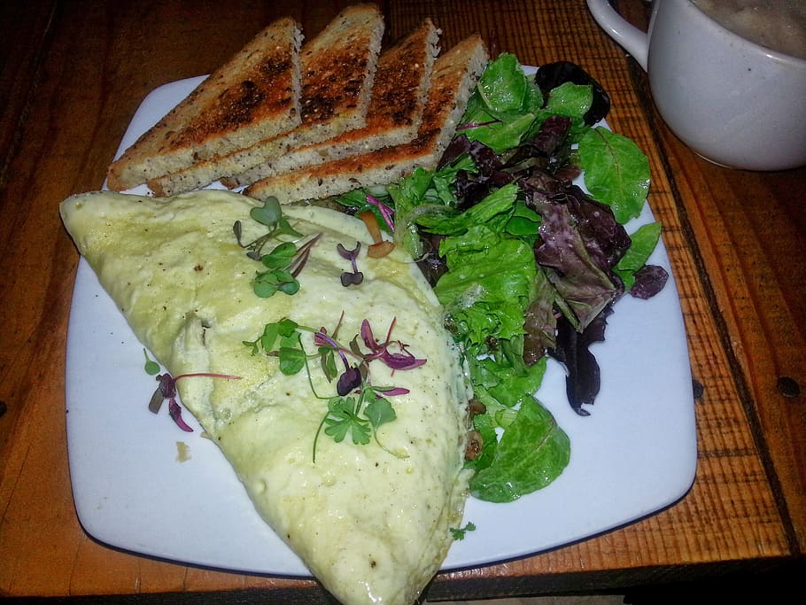 omelet, toast, breakfast, meal, food, plate, eggs, delicious HD wallpaper