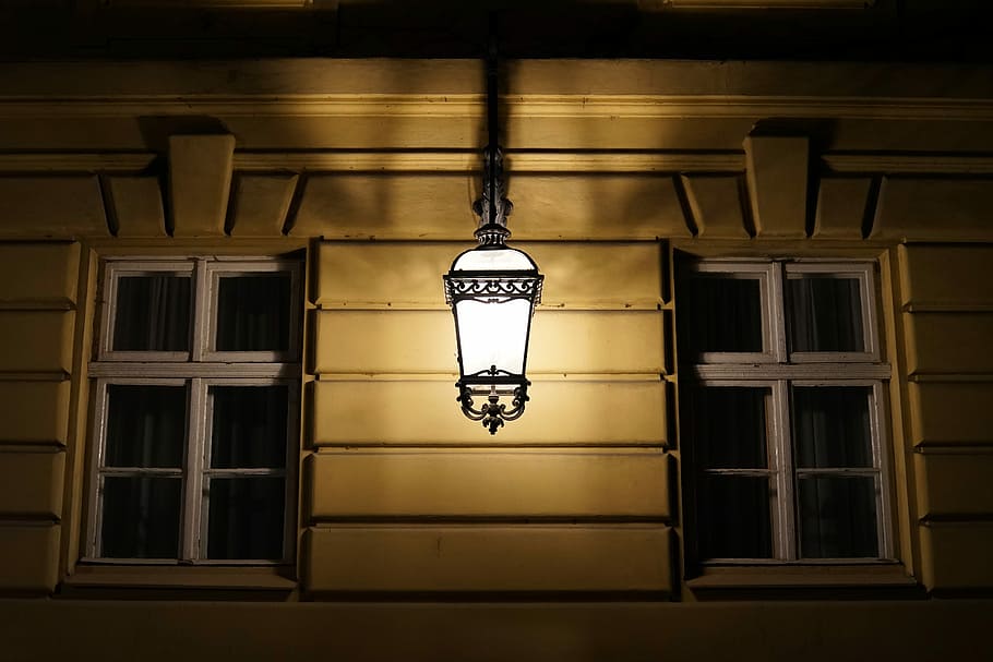 wall sconce beside window pane, black wall sconce turned on, building HD wallpaper