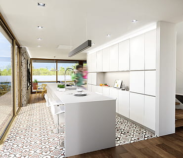 white kitchen interior, Render, House, modern, home Interior HD wallpaper