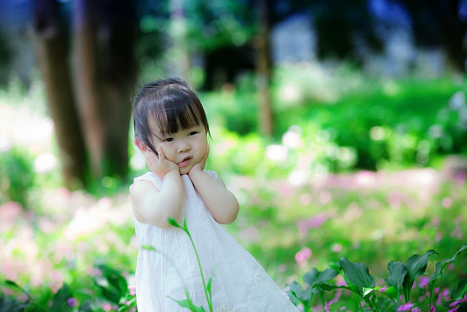girl in white dress holding her cheek, baby, toddler, female, HD wallpaper