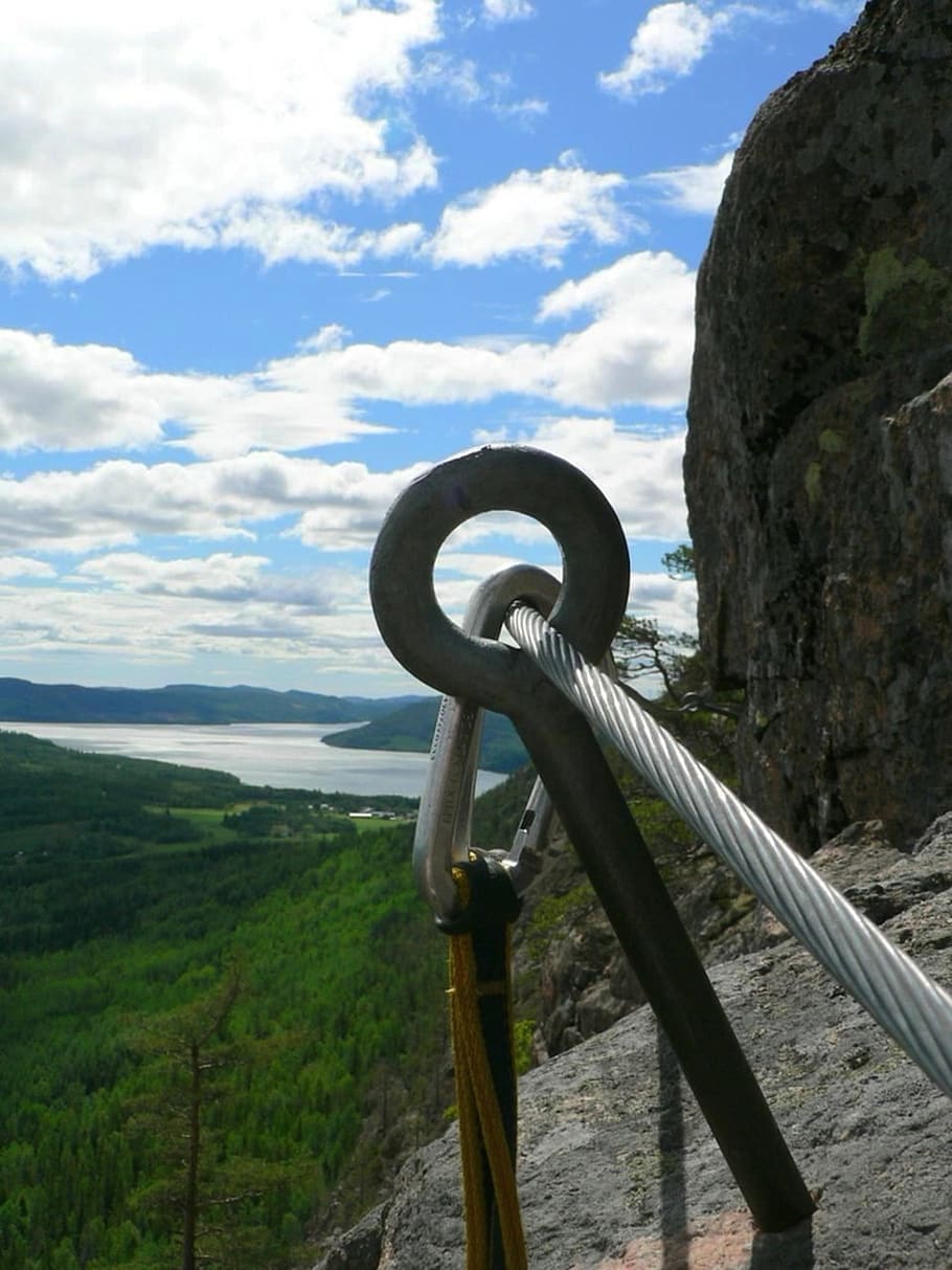 mountain, valley, sky, clouds, cable, eyelet, climbing equipment HD wallpaper