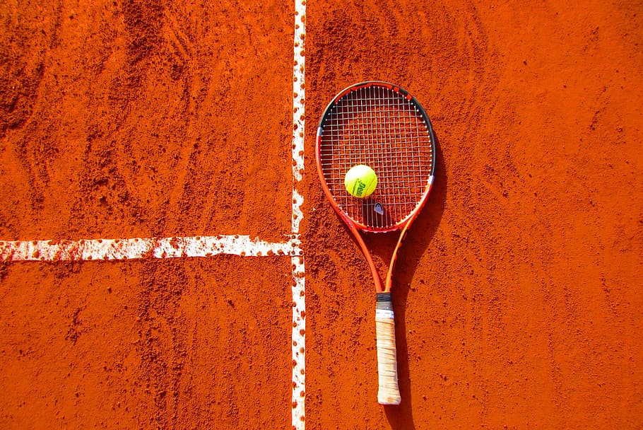 black and red tennis racket with green tennis ball, sport, playing, HD wallpaper