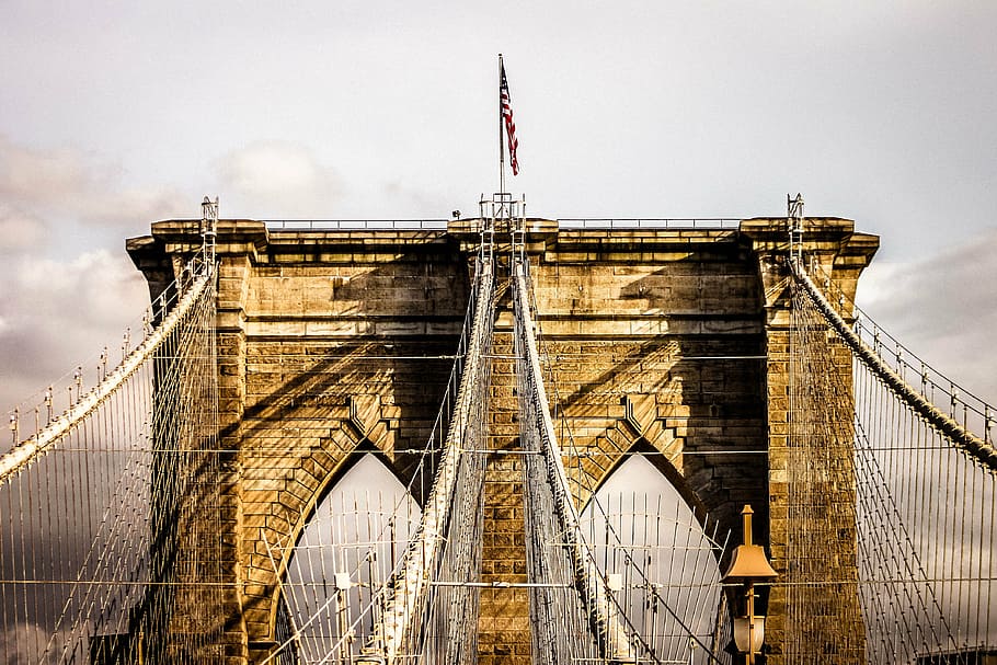 USA flag on Brooklyn Bridge, New York, nyc, america, manhattan, HD wallpaper