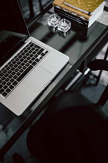 Organized desk with laptop and journals, interior, office, workspace HD wallpaper